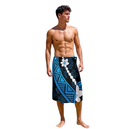 Xernghsao Polynesian Traditional Men's Wrap Dress Blue Tattoo and Frangipani Print Samoan Lavalava Dress Ethnic Tropical Fashion Tribal Pacific Wedding Suitable Beach Holiday Large-X-Large