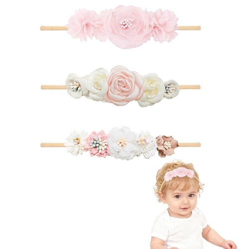 3 Stück Baby Haarband, Blume Elastisches Haarband, Weiche Baby Mädchen Stirnbänder für Baby Mädchen Säuglinge Neugeborene Kleinkinder und Kinder