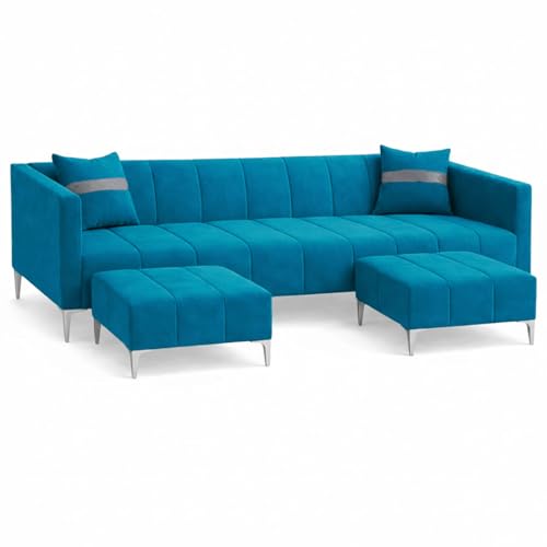 Image of Solomon 6 Seater L Shape Sofa Set with 2 Movable Ottoman | Flexible Left or Right Layout | Luxe Velvet Suede Fabric | Comfortable Seating | Modern Sofa for Living Room - Aqua Blue