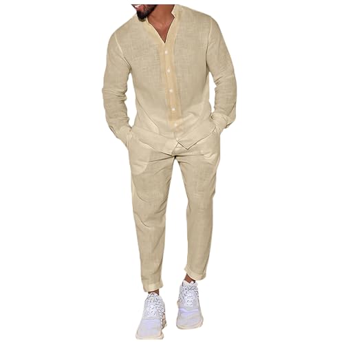 JHOKCI Men's 2 Piece Cotton Linen Outfit Long Sleeve Button Down Shirt and Fashion Pant Set Casual Solid Vacation Outfits