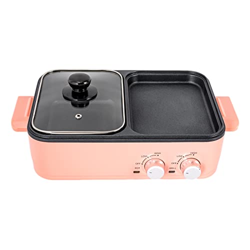 Electric Hot Pot with Grill 2 in 1 Multifunction Nonstick Griddle and Hot Pot, Separate Dual Temperature Control for Steak, Shabu Shabu, Korean BBQ-Pink