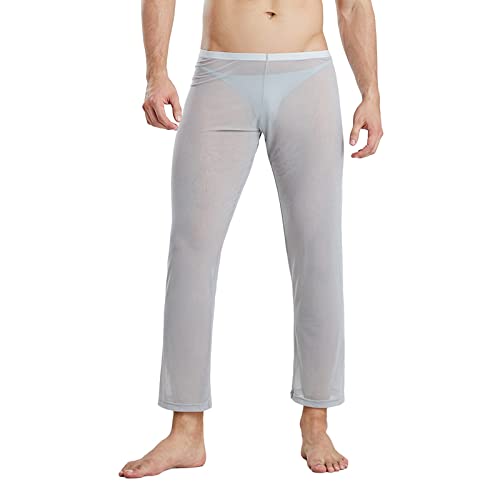 Pantalones de pijama transparentes para hombre de malla transparente para dormir, pantalones de dormir cómodos pantalones de yoga de ajuste holgado, pantalones de yoga, gris, XL