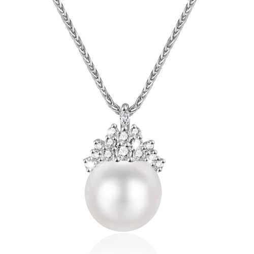 Pearls Necklace for Women,14K Gold Plated Silver Chain,Elegant Pearl Pendant with Cubic Zirconia, Wedding Birthday Gift for Her (Crown single pearl)