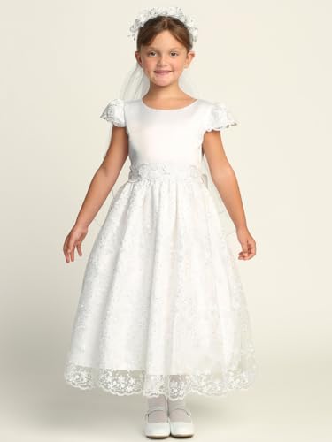 Made in USA - First Communion Dress for Girls w/Satin Bodice & Embroidered Tulle w/Cap Sleeve - White 1st Communion Dress4