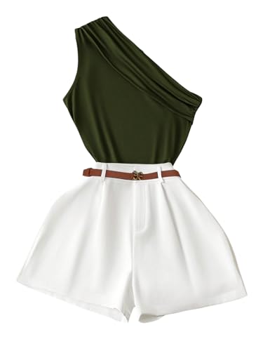 WDIRARA Women's 2 Piece Outfits One Shoulder Asymmetrical Sleeveless Tank