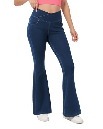 Stretchy Jeans for Women Bell Bottom Jeans High Waisted Jeggings Flare Jeans with Pockets Crossover Pull On Jeans
