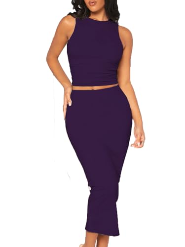 Image of Bdwinz Women's Casual 2 Piece Dress Round Neck Tank Top Bodycon Midi Skirt Dress Set