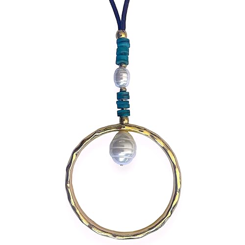 Colgante Mujer Grande Dorado con Piedras Naturales Nácar - Collar Largo con Altura Ajustable con Cadena de Antelina Marrón - Ideal para Regalo