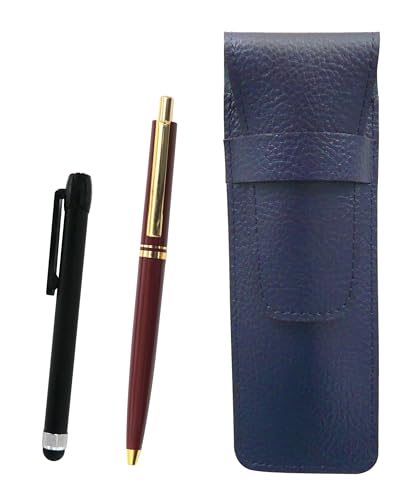 シボ革ペンケース青 メタルタッチ棒黒とAP300昭和40年代復刻ノック式金属クリップボールペンセット 赤 SASL-ALB-AP300B-R