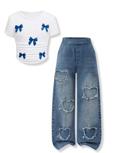 Image of Size 7-14 Years Girls 2 Piece Outfits Bow Short-Sleeved Top and Jeans Pants Clothing Set