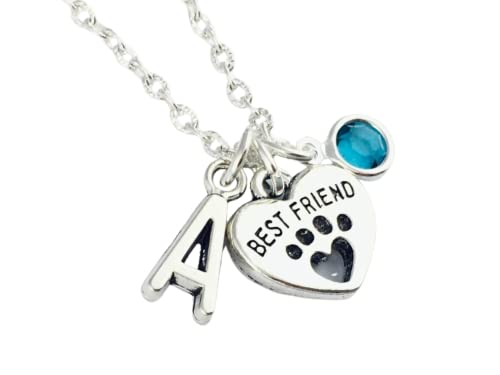 Personalised Heart and Paw Print Necklace, sterling silver or silver plated chain initial birthstone crystal animal lover jewellery, Best friend bff gift birthday cat dog keepsake pet loss memorial