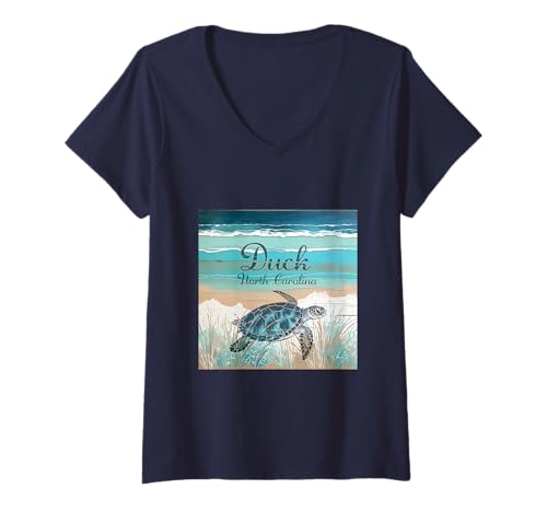 Mujer Duck North Carolina Outer Banks Sea Turtle Beach Decoración azul Camiseta Cuello V