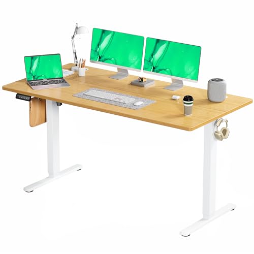 SMUG Standing Desk Adjustable Height, 63x24 Inch Electric Table with 3 Memory Preset & T-Shaped Metal Bracket Modern Computer Workstation with Splice Board for Home Office, 6324 Inch, Maple