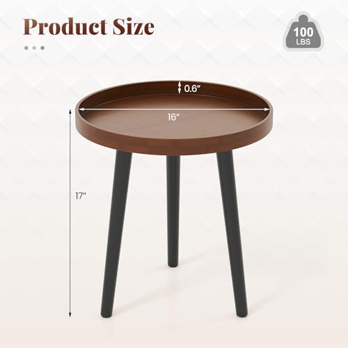 Giantex Round End Table, Mid Century Modern Side Table with Wooden Tray & Bamboo Legs, Sofa Couch Accent Table, Small Coffee Table for Small Space Living Room, Nightstand for Bedroom, Walnut - Image 3