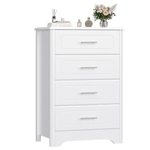 Image of HITHOS Modern 4 Drawer Dresser for Bedroom, White Narrow Dresser Chest with Deep Drawers, Wood Chest of Storage Drawers, Tall Nightstand for Living Room, Bathoom, Entryway, Hallway, White