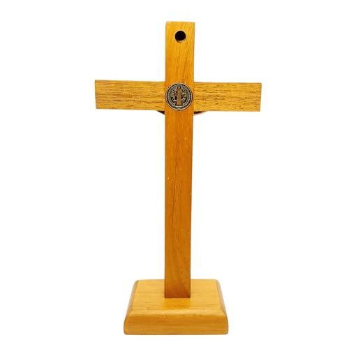Crucifixo de mesa madeira clara São Bento 18 cm