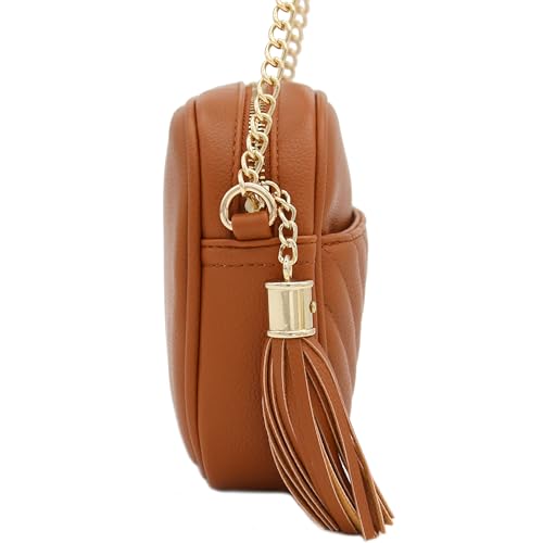 Image of FashionPuzzle Chevron Quilted Crossbody Camera Bag with Chain Strap and Tassel