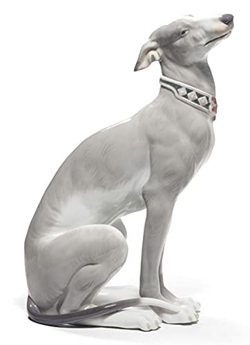 Sculpture de Luxe en Porcelaine Lévrier Gris/Blanc 11 x H. 30 cm - Figurine Déco de Luxe Fabriquée et Peinte à la Main