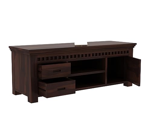 Image of Premium Solid Sheesham Wood TV Unit for Living Room: 2 Drawers, 2 Shelves, and 1-Door Storage - Accommodates up to 50-Inch TV (Declan, Walnut Finish)