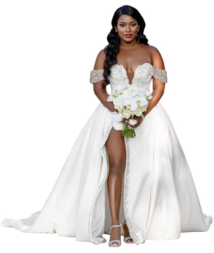 GEZRSI Off The Shoulder Wedding Dresses Crystals Beaded White Bridal Dress with Slit Sweetheart Satin Bride Wedding Ball Gown