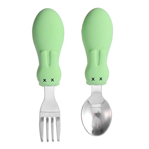 HAMPPLIES ベビー用トレーニング食器 幼児用スプーンフォーク 短柄 シリコンハンドル ステンレス製 漫画風ウサギデザイン 食事練習用