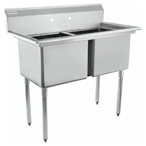 Image of Empura 43 inch Wide Stainless Steel Two Compartment Commercial Sink | Prep Utility 18 x 18 Bowl for Restaurant Laundry Garage | 3.5 inch Drain Basket, 9.75 inch Backsplash, 43 inchW x 23.5 inchD x 44.25 inchH, 18 Gauge, NSF