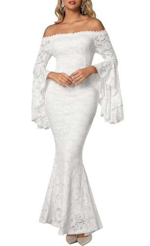 Image of Women's Elegant Off Shoulder Floral Embroidered Lace Maxi Dress Bell Sleeve Slim Fit Mermaid Floral Cutout Long Gown Wedding Party White Long Dress