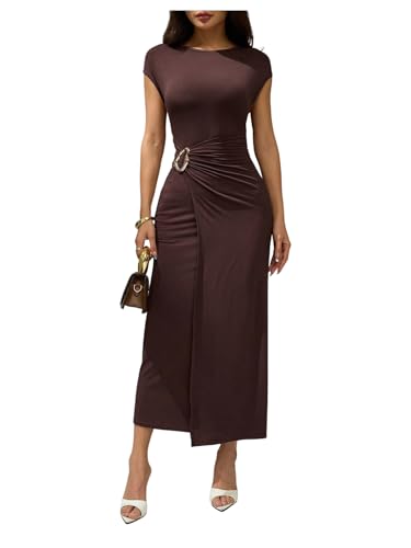 Floerns Women's Asymmetrical Wrap Dress Metal Ruched Cap Sleeve Bodycon Midi Dresses