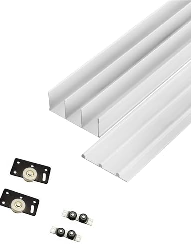 Kit de herrajes para puerta corrediza de triple pista premium para armario y puertas de cristal. Sistema silencioso de repuesto de riel superior e inferior (acabado de leche de 67 pulgadas)