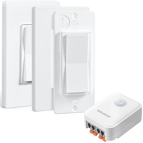 SURAIELEC 3-Way Wireless Remote Control Light Switch & Receiver Kit, 15A RF Wall Switch, 100ft Range, Ultra-Thin Design, Push-in Wiring, Expandable System for Lighting, Lamp (Neutral Wire Required)