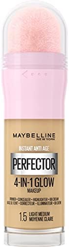 Maybelline New York Instant Anti Age Rewind Perfector, 4-In-1 Glow Primer, Concealer, Highlighter, Self-Adjusting Shades, Evens Skin Tone with a Glow Finish, Shade: 1.5 Light Medium