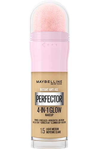 Maybelline New York Instant Anti Age Rewind Perfector, 4-In-1 Primer, Concealer, Highlighter, Self-Adjusting Shades, Evens Skin Tone with a Glow Finish, 1.5 Light Medium