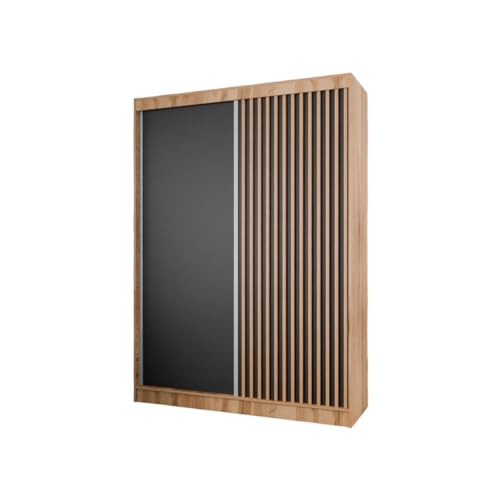 Margaret Hadas24 Kleiderschrank Lili mit Lamellen ohne Spiegel, Organizer, Mehrzweckschrank, Schwebetürenschrank, Garderobenschrank, Kleiderstange, Kleiderständer, Schrank, 150 cm, braun, schwarz,