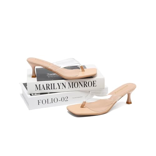 Women's Kitten Heels Thong Sandals Flip Flop Low Heels 2.5 Inch Open Square Toe Clear3