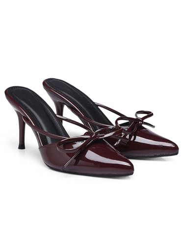Image of Women's Wine Red Patent Leather Stiletto Heels Pointed Toe High Heel Pumps with Stylish Bow Elegant Dress Shoes for Party or Wedding
