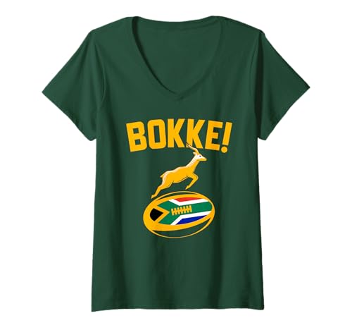 Womens Bokke! Springbok Rugby South African Flag. Men, Women & Kids V-Neck T-Shirt