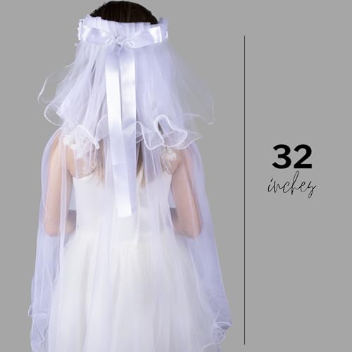 Needzo White Tulle First Communion Veil for Girls, 32 Inches (Faux Pearls and Ribbons)3