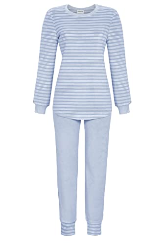 Ringella Damen Schlafanzug aus Stretchfrottee Langarm Ringelshirt mit Bündchen Lange Hose mit Gummizugbund weich & wärmend hautfreundlich