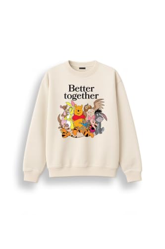 Image of Brand Threads Disney Winnie the Pooh Ladies Cream Sweatshirt, Cotton Rich Long Sleeve Crew Neck Jumper, Officially Licensed Better Together Character Print Loungewear, Sizes Small to 2XL