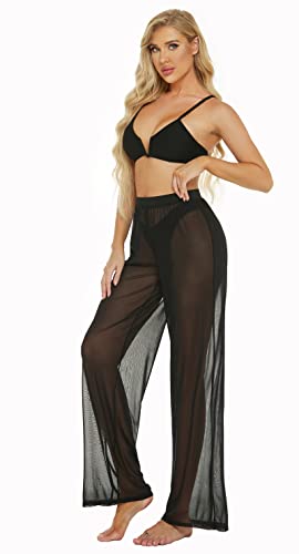 Awoscut Women See Through Sheer Mesh Pants Beach Swimsuit Bikini Bottom Cover up Party Club Elastic High Waist Wide Leg Pants4