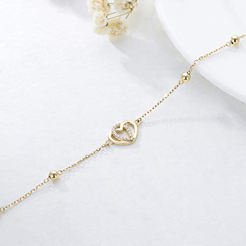 14K Gold Heart Love Anklets For Women, Real Gold Heart Foot Ankle Bracelet Summer Anniversary Birthday Jewelry Gifts For Her 8-10Inch #TOP3