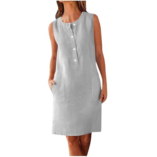 Image of Cotton Linen Shift Dresses for Women UK Casual Crew Neck Sleeveless Knee Length Dress Half Button Placket Solid Plain Short Dress with Slant Pockets Breathable Summer Gauze Vest Dresses Gray