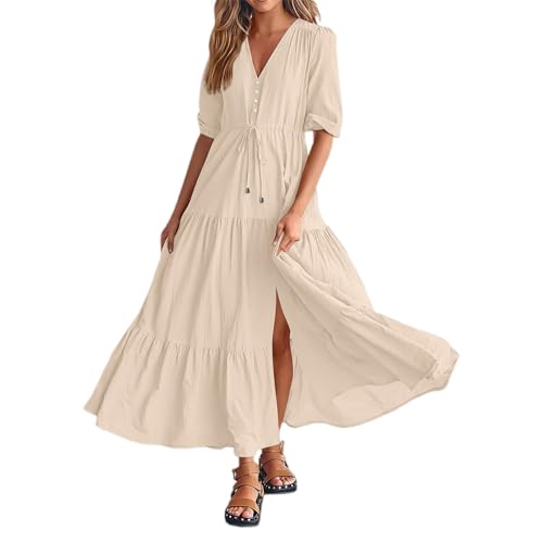 Robe longue à manches courtes avec col en V profond et volants style vintage chic