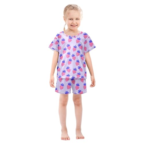 Strawberry Purple Cute Cartoon Pattern Summer Cute Pajama Sets, Short Sets for Daily Wears and Sleep Wears3