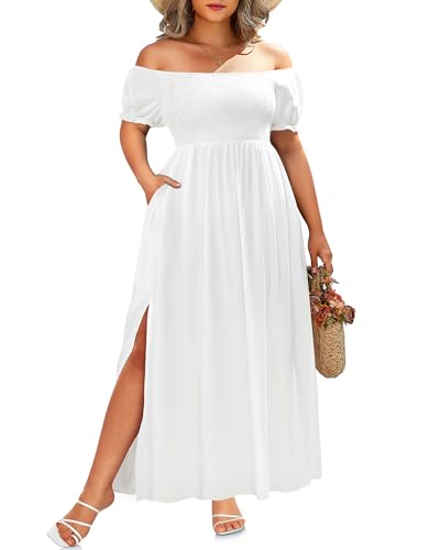 Plus Size Summer Dresses - Boho Casual Off Shoulder Floral Long Maxi Dress with Pockets