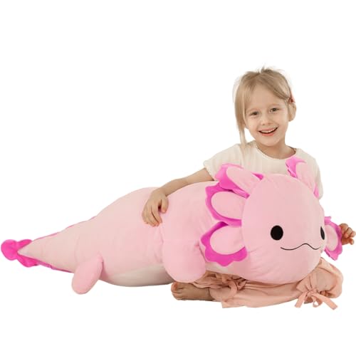 BENINY 39-Inch Giant Hot Pink Axolotl Plush Pillow - Extra Soft Huggable Stuffed Animal, Big Cuddly Toy Gift for Girls & Kids, Holiday Birthday