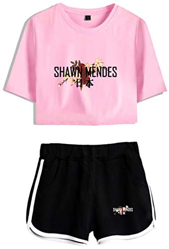 Silver Basic Shawn Mendes Musica Crop Top e Pantaloncini Maniche Corte Vintage Tuta Ginnastica Due Pezzi,Rosa e Nero Japan-7,XL