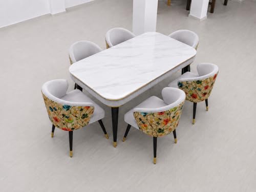 Image of WOODEN SPACE 6-Seater Wooden Dining Table Set | Nano Composite Marble Top | Solid Wood Base | Modern Dining Room Furniture with 6 Chairs (Printed Light Grey)