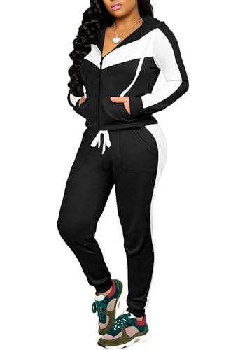 CLOCOR Track Suits for Women Set - Long Sleeve Casual Pullover Hoodie Solid Color Sport Suits with Pocket Black White XL