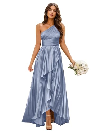 Lorencia Dusty Blue Asymmetrical Prom Dresses with Split Satin One